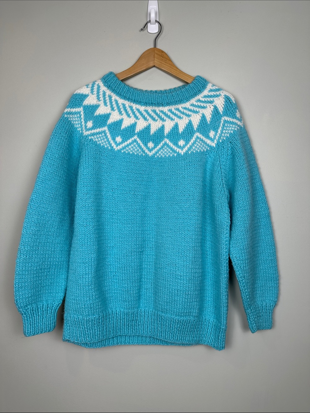192. handknit fair aisle turquoise sweater.